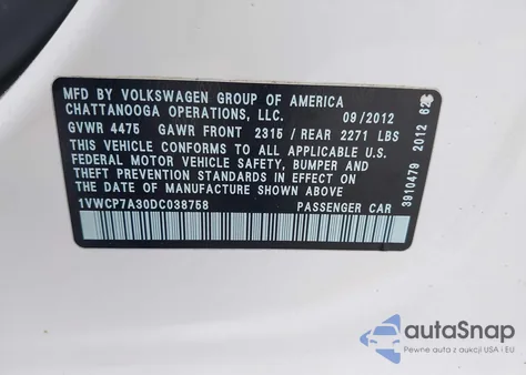 2013 Volkswagen Passat 2.5L Sel from USA, damaged, VIN 1VWCP7A30DC038758